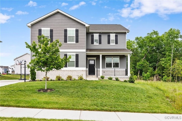7007 Batten Ct, Chesterfield, VA 23234 - view of front facade featuring a porch, a front yard, board and batten siding, and brick siding