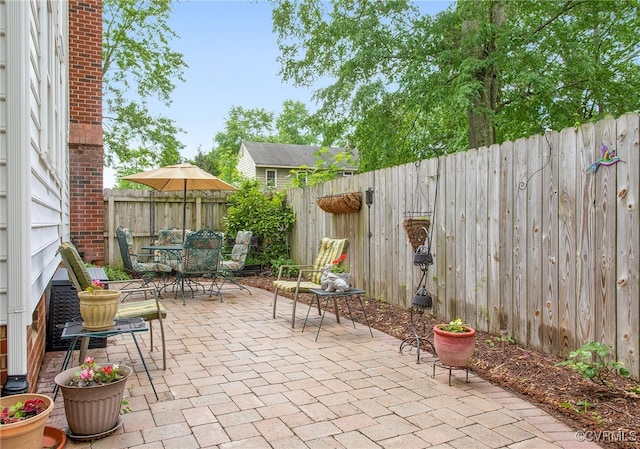 view of patio featuring a fenced backyard and outdoor dining space