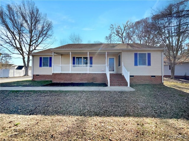 single story home with crawl space, a porch, and roof with shingles