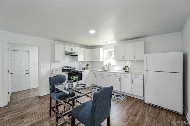 314 Maryland Ave, Hopewell, VA 23860 - kitchen featuring freestanding refrigerator, electric range oven, a sink, under cabinet range hood, and tasteful backsplash
