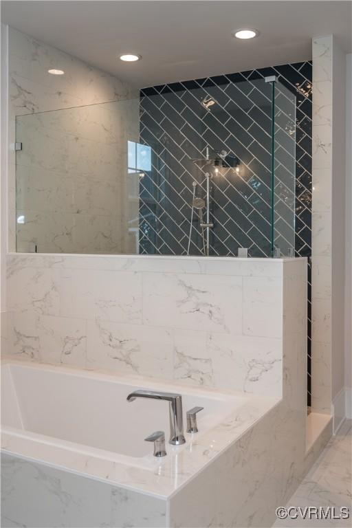 12543 N Readers Ln, Manakin Sabot, VA 23103 - full bath with a stall shower, a bath, recessed lighting, and marble finish floors