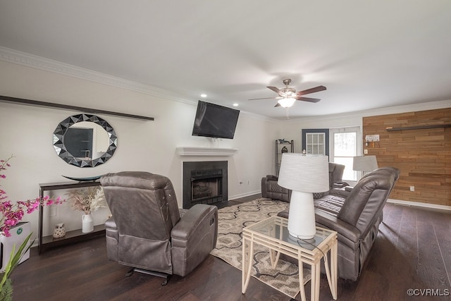 7418 Whirlaway Dr, Midlothian, VA 23112 - living room with wood finished floors, a fireplace with flush hearth, a ceiling fan, crown molding, and baseboards