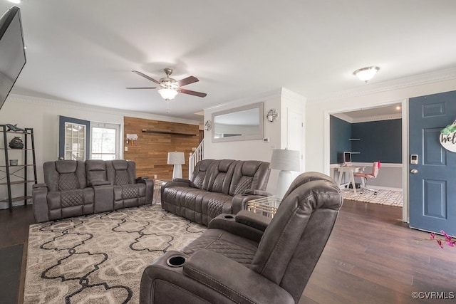 7418 Whirlaway Dr, Midlothian, VA 23112 - living room with wood finished floors, a ceiling fan, crown molding, wooden walls, and stairway