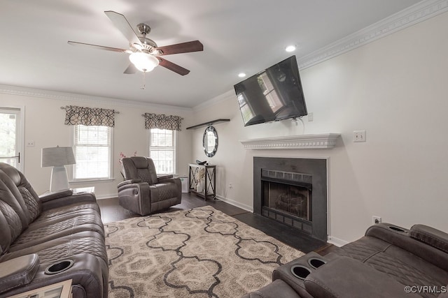 7418 Whirlaway Dr, Midlothian, VA 23112 - living room with ceiling fan, ornamental molding, a fireplace with flush hearth, baseboards, and wood finished floors