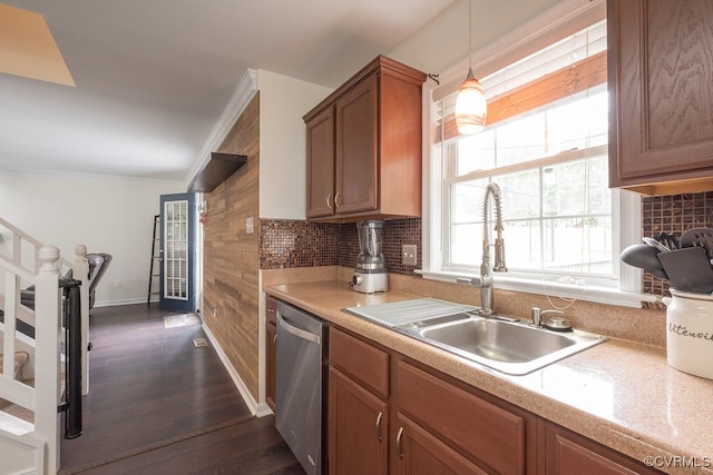 7418 Whirlaway Dr, Midlothian, VA 23112 - kitchen with stainless steel dishwasher, a sink, backsplash, light countertops, and crown molding