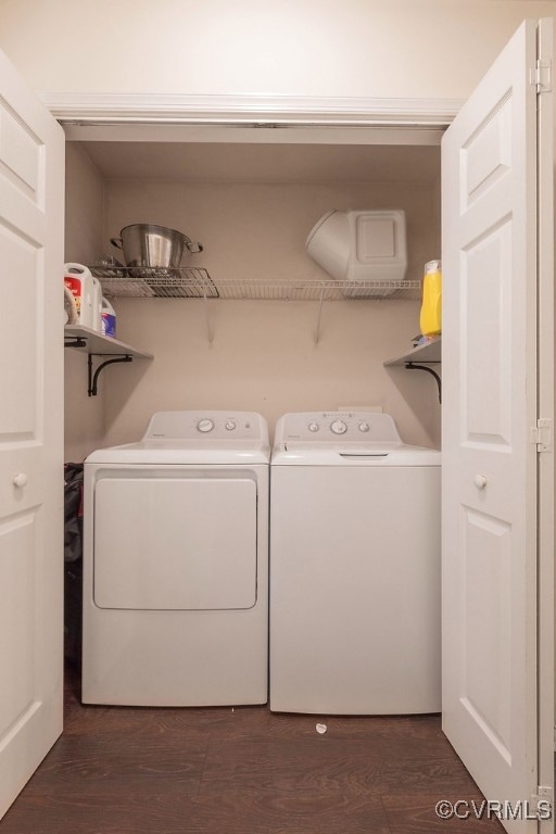 7418 Whirlaway Dr, Midlothian, VA 23112 - laundry room with washing machine and clothes dryer and dark wood-type flooring