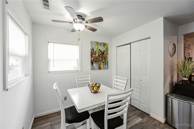 1102 Virginia Ave, Glen Allen, VA 23060 - dining area featuring healthy amount of natural light, a ceiling fan, dark wood finished floors, and baseboards