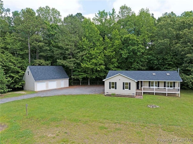 2480 Lees Neck Farm Rd, Saluda, VA 23149 - view of front of property with an outbuilding, a detached garage, a porch, and a front yard