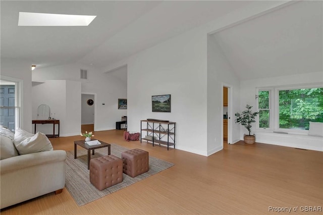 2480 Lees Neck Farm Rd, Saluda, VA 23149 - living room featuring high vaulted ceiling, wood finished floors, a skylight, and baseboards