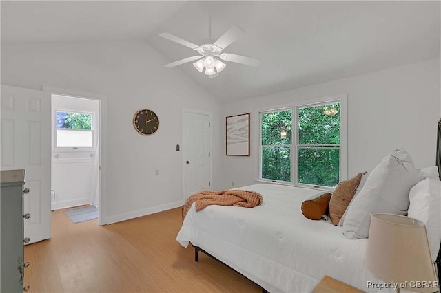 2480 Lees Neck Farm Rd, Saluda, VA 23149 - bedroom with light wood-style floors, ceiling fan, baseboards, and high vaulted ceiling