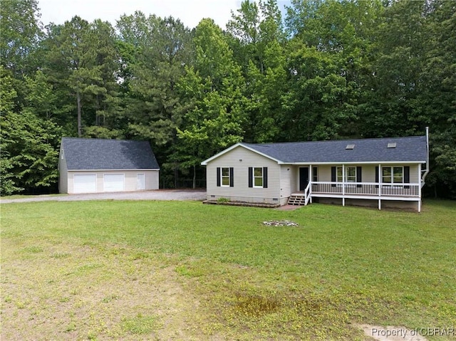 2480 Lees Neck Farm Rd, Saluda, VA 23149 - view of front facade with a garage, an outbuilding, crawl space, a front lawn, and roof with shingles