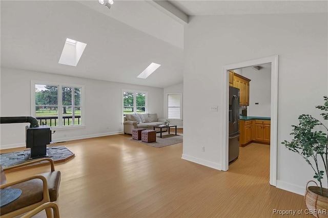 2480 Lees Neck Farm Rd, Saluda, VA 23149 - living area featuring a skylight, a wood stove, light wood-style floors, and baseboards