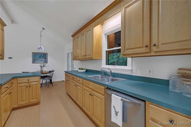 2480 Lees Neck Farm Rd, Saluda, VA 23149 - kitchen featuring dishwasher, a sink, light brown cabinets, vaulted ceiling, and dark countertops