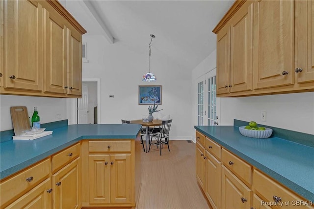 2480 Lees Neck Farm Rd, Saluda, VA 23149 - kitchen featuring vaulted ceiling, baseboards, a peninsula, light wood finished floors, and decorative light fixtures