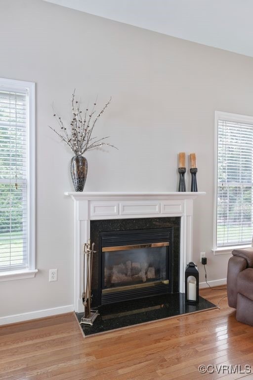 detailed view of a fireplace, wood finished floors, and baseboards
