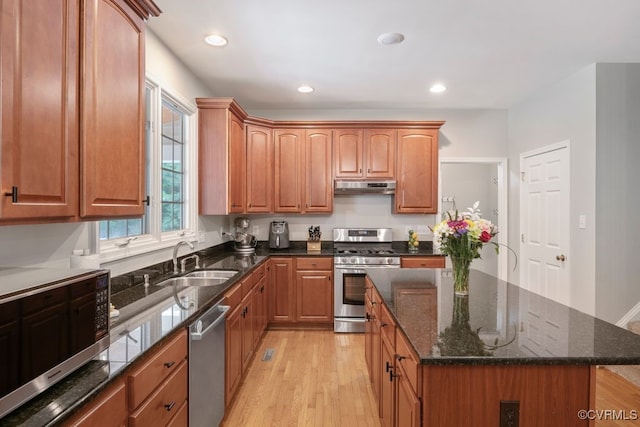 kitchen with appliances with stainless steel finishes, a sink, under cabinet range hood, light wood-type flooring, and dark stone countertops