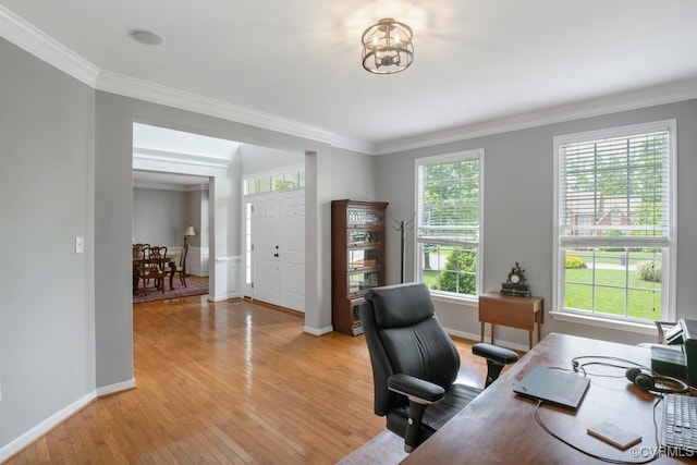 office with light wood-style floors, crown molding, and baseboards