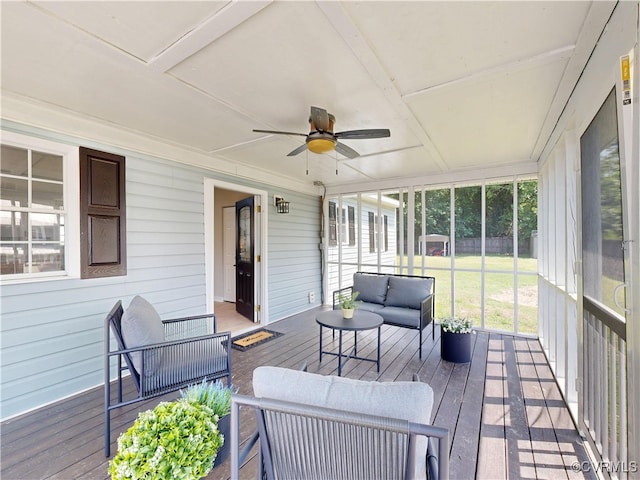 56 Mancha Ave, Claremont, VA 23899 - sunroom / solarium featuring an outdoor hangout area, ceiling fan, and healthy amount of natural light
