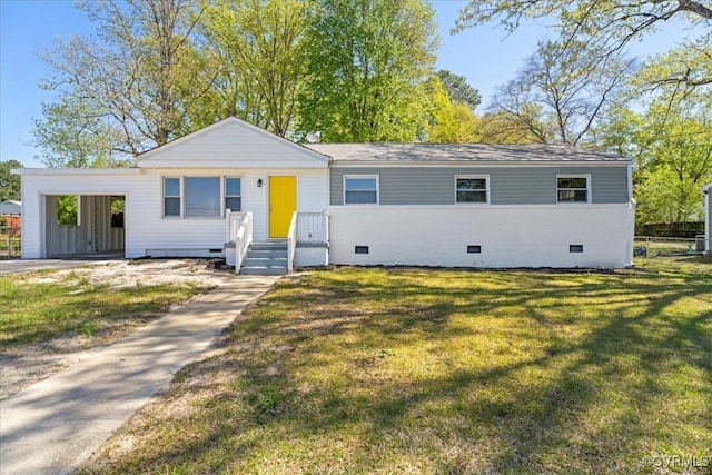 2519 Deerfield Dr, Petersburg, VA 23805 - view of front facade featuring crawl space, a front lawn, and a carport