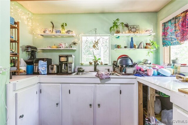 2003 Sweet Hollow Rd, Big Island, VA 24523 - kitchen with open shelves, white cabinetry, and a sink