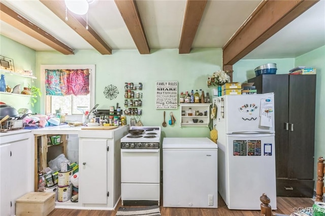 2003 Sweet Hollow Rd, Big Island, VA 24523 - kitchen with white appliances, beamed ceiling, light wood-style floors, light countertops, and white cabinets