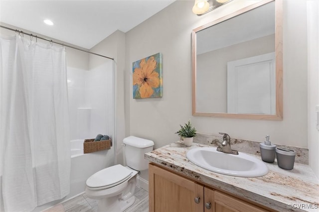 5239 Old Buckingham Rd, Powhatan, VA 23139 - bathroom featuring toilet, a shower with curtain, vanity, and baseboards