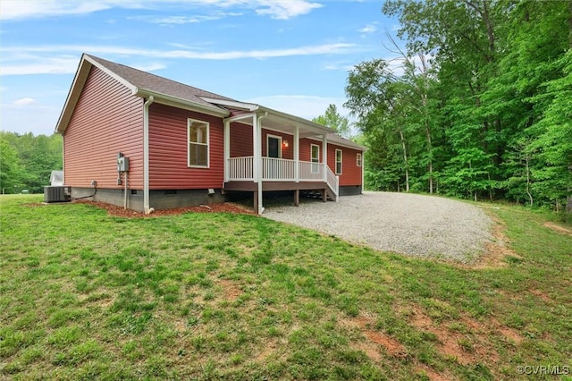 5239 Old Buckingham Rd, Powhatan, VA 23139 - view of home's exterior with a yard, cooling unit, covered porch, and crawl space