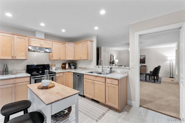 5239 Old Buckingham Rd, Powhatan, VA 23139 - kitchen featuring light brown cabinetry, appliances with stainless steel finishes, a sink, under cabinet range hood, and recessed lighting