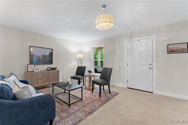 5239 Old Buckingham Rd, Powhatan, VA 23139 - living area with a chandelier, light colored carpet, and baseboards