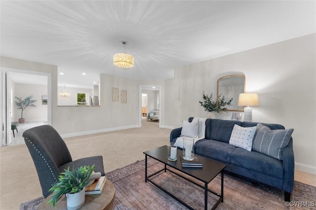 5239 Old Buckingham Rd, Powhatan, VA 23139 - living room featuring a chandelier, carpet floors, and baseboards