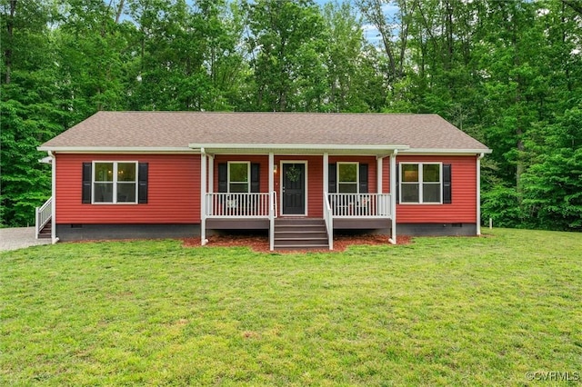 5239 Old Buckingham Rd, Powhatan, VA 23139 - ranch-style house with crawl space, a porch, a front lawn, and roof with shingles