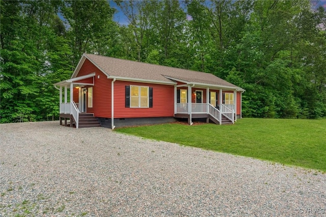 5239 Old Buckingham Rd, Powhatan, VA 23139 - single story home featuring a porch, crawl space, a front lawn, gravel driveway, and roof with shingles