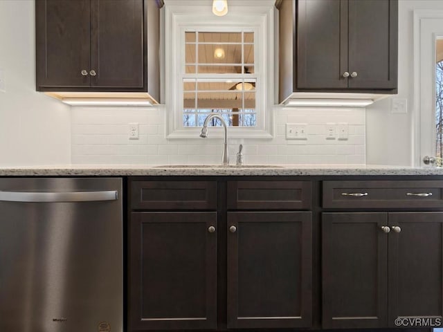 1146 Clayton Rd, Powhatan, VA 23139 - kitchen with stainless steel dishwasher, a sink, dark brown cabinetry, and tasteful backsplash