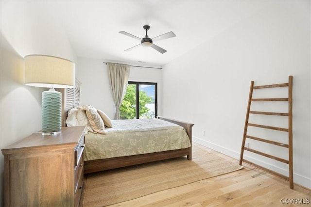 1665 Wilton Creek Rd, Hartfield, VA 23071 - bedroom featuring light wood-type flooring, baseboards, access to outside, and a ceiling fan