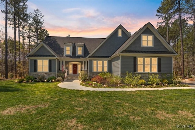 41 Pine Shadow Ct, Troy, VA 22974 - craftsman-style home with stone siding, a lawn, a standing seam roof, and metal roof