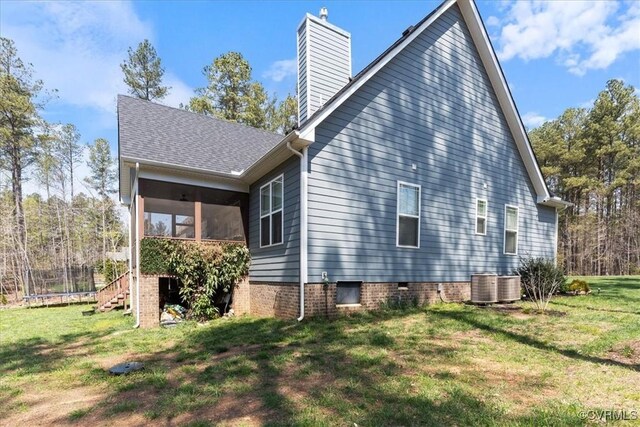 41 Pine Shadow Ct, Troy, VA 22974 - view of side of property with a sunroom, a yard, a chimney, central air condition unit, and stairs