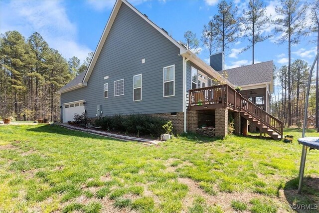 41 Pine Shadow Ct, Troy, VA 22974 - view of property exterior with a deck, stairs, a garage, a yard, and a chimney