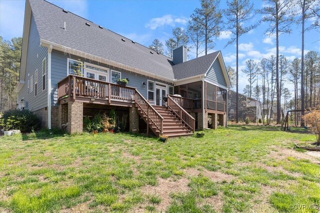 41 Pine Shadow Ct, Troy, VA 22974 - rear view of property featuring a sunroom, stairway, a wooden deck, a yard, and a chimney