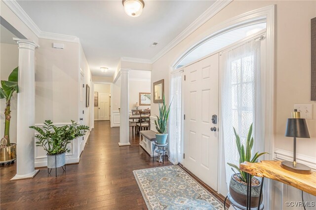 41 Pine Shadow Ct, Troy, VA 22974 - entrance foyer with ornate columns, dark wood-type flooring, and crown molding