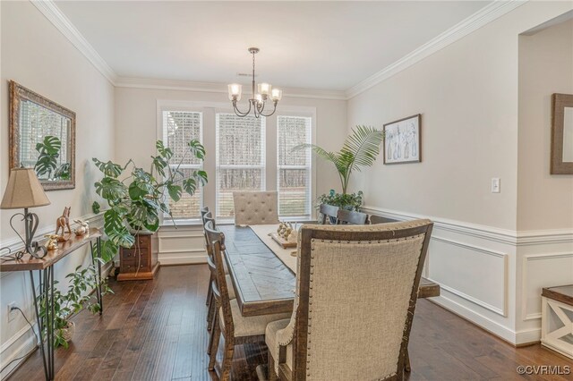 41 Pine Shadow Ct, Troy, VA 22974 - dining space featuring a chandelier, crown molding, dark wood-style flooring, and wainscoting