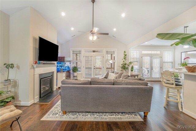 41 Pine Shadow Ct, Troy, VA 22974 - living room with a glass covered fireplace, dark wood-style floors, ceiling fan, vaulted ceiling, and recessed lighting
