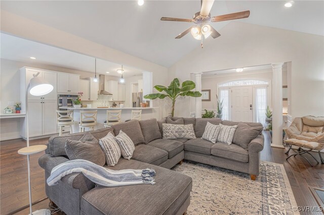 41 Pine Shadow Ct, Troy, VA 22974 - living area with hardwood / wood-style floors, high vaulted ceiling, a ceiling fan, recessed lighting, and ornate columns