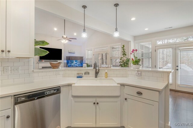 41 Pine Shadow Ct, Troy, VA 22974 - kitchen featuring dishwasher, a sink, decorative backsplash, light countertops, and ceiling fan