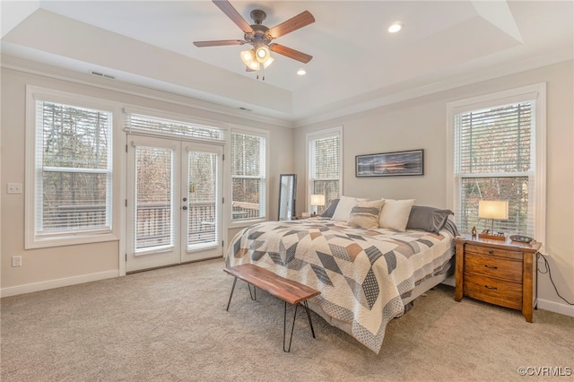 41 Pine Shadow Ct, Troy, VA 22974 - bedroom with a tray ceiling, french doors, access to outside, light carpet, and crown molding