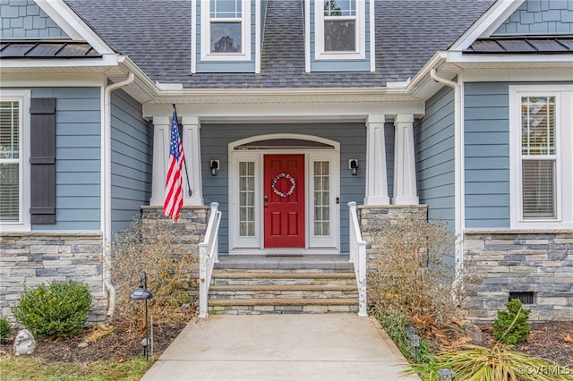 41 Pine Shadow Ct, Troy, VA 22974 - view of exterior entry featuring stone siding, roof with shingles, and covered porch