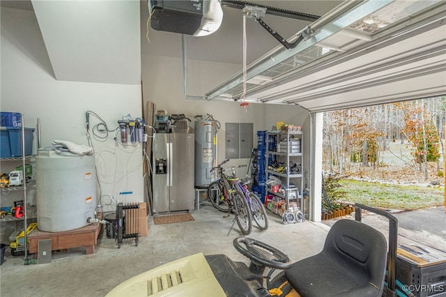 41 Pine Shadow Ct, Troy, VA 22974 - garage featuring water heater, a garage door opener, and stainless steel fridge with ice dispenser