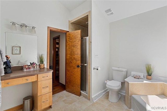 13700 Harbourwood Rd, Midlothian, VA 23112 - bathroom with toilet, a shower stall, a bath, vanity, and tile patterned flooring