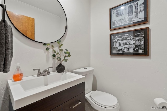 13700 Harbourwood Rd, Midlothian, VA 23112 - half bathroom featuring vanity, toilet, and ornamental molding