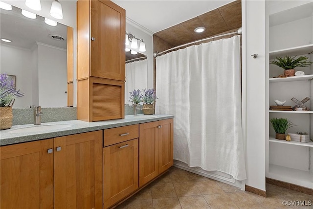 13700 Harbourwood Rd, Midlothian, VA 23112 - bathroom featuring ornamental molding, vanity, tile patterned flooring, and a shower with curtain