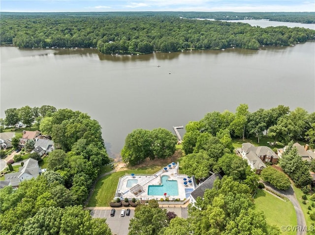 13700 Harbourwood Rd, Midlothian, VA 23112 - drone / aerial view of a forest, a pool area, and a nearby body of water
